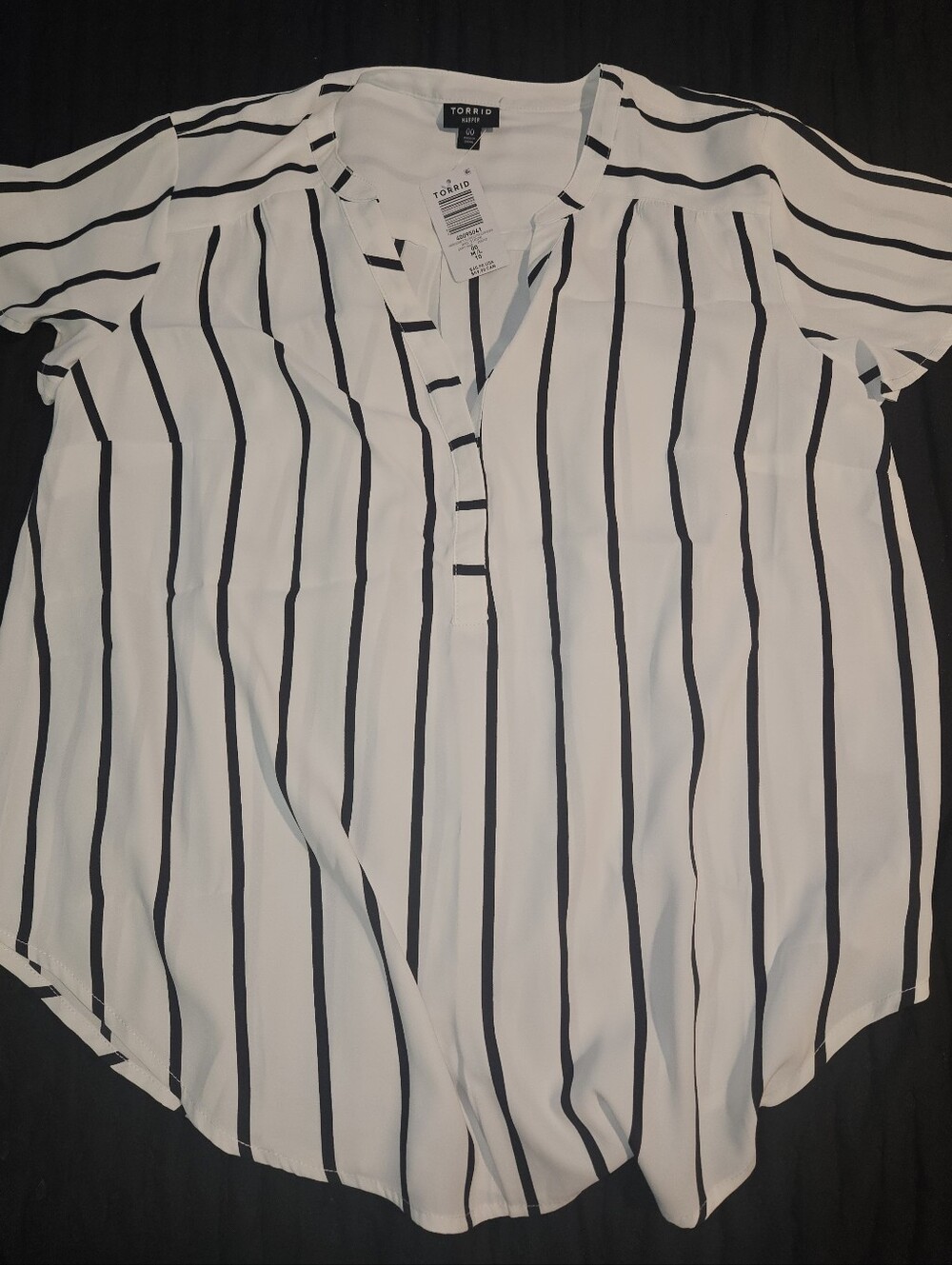 Torrid White and Black Vertical Stripe Split-Neck Blouse